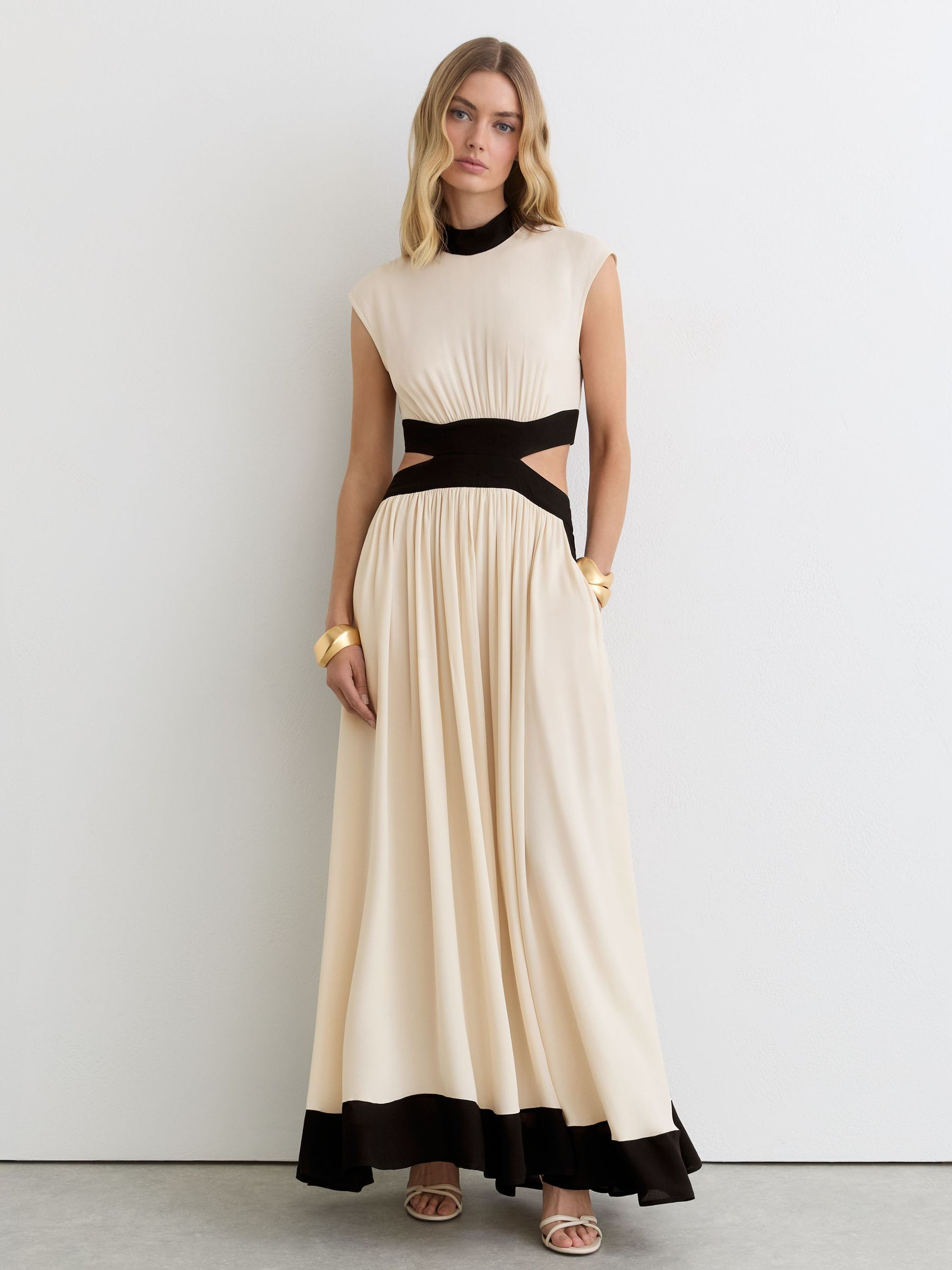 Reiss Cut-Out Waist Contrasting Maxi Dress in Ivory/Black - REISS | Reiss UK