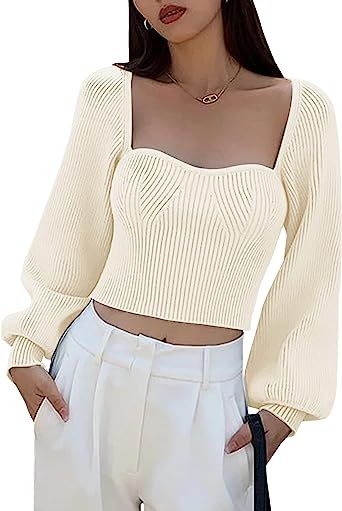 SAFRISIOR Women’s Sexy Sweetheart Neck Lantern Sleeve Crop Sweater Square Neck Long Sleeve Crop... | Amazon (US)