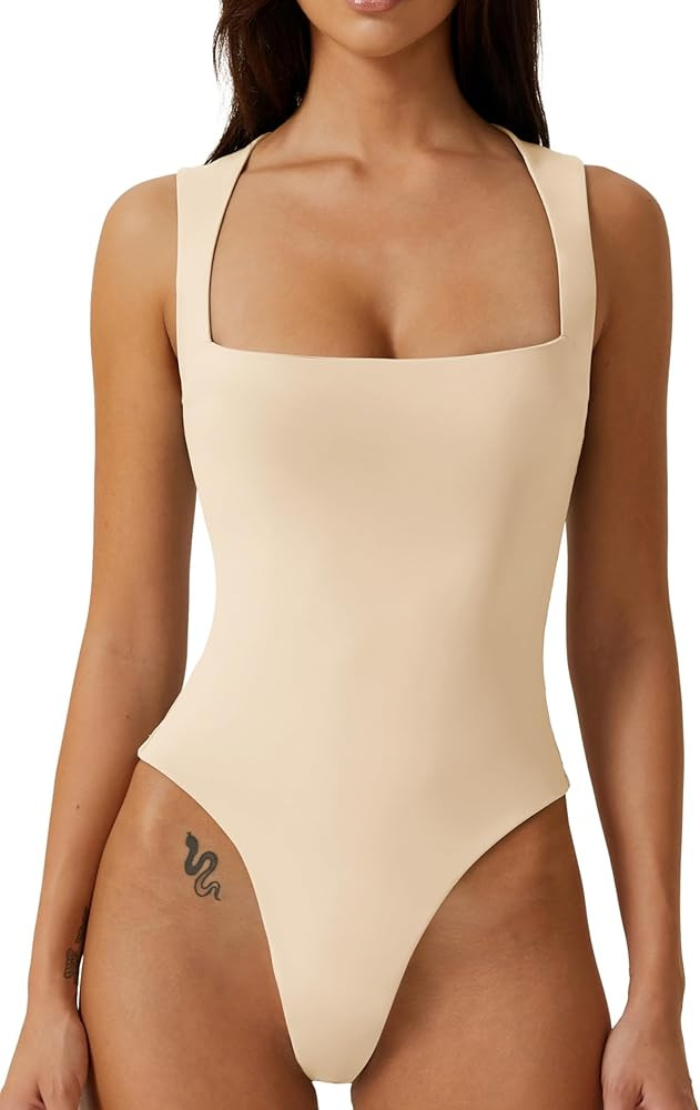 QINSEN Womens Sexy Square Neck Bodysuit Sleeveless Double Lined T Shirt Tops | Amazon (US)