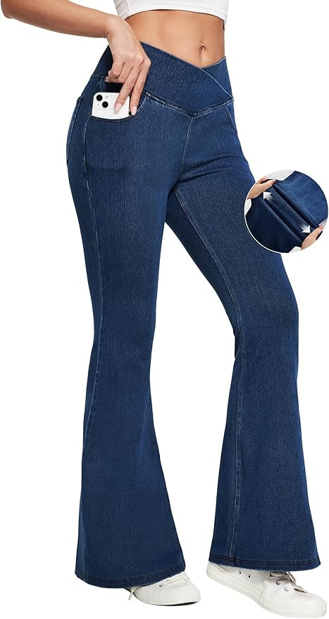 Ewedoos Flare Bell Bottom Jeans for Women Jeggings Tummy Control High Waisted Stretchy Crossover ... | Amazon (US)