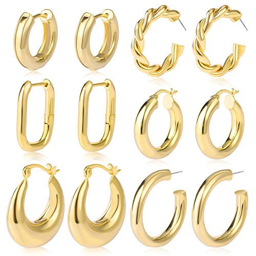 6 Pairs Chunky Gold Hoop Earrings Set for Women 14K Gold Plated Hypoallergenic Thick Open Huggie Hoop Set Jewelry for Christmas Gifts | Amazon (US)