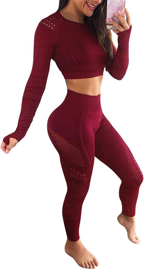 YOFIT Women's Workout Outfit 2 Pieces Seamless High Waist Yoga Leggings with Long Sleeve Crop Top... | Amazon (US)