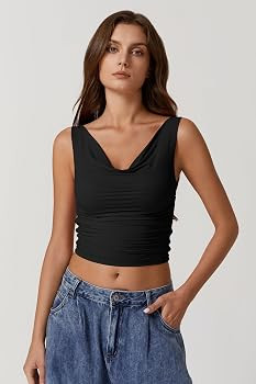 QINSEN Women's Cowl Neck Top Sleeveless Ruched Double Lined Crop Top Y2k T Shirts | Amazon (US)