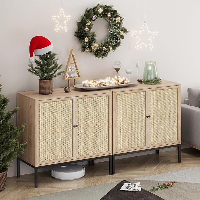 XIAO WEI Sideboard Cabinet with Handmade Natural Rattan Doors, Rattan Cabinet Console Table Stora... | Amazon (US)