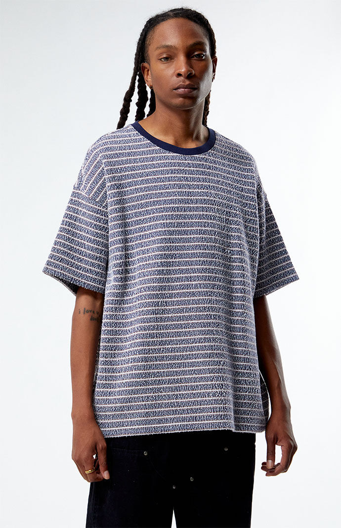 Men's Oversized Terry Striped T-Shirt in Navy - Size Small | PacSun
