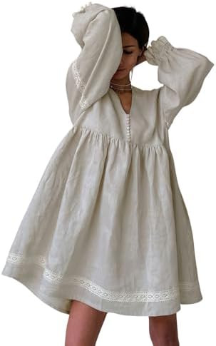 chouyatou Women's Cute Cotton Linen Loose Babydoll Dress Lantern Long Sleeve Lace Trim Mini Dress... | Amazon (US)