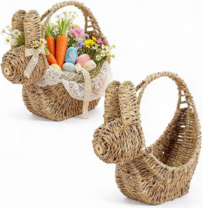 Suzile 2 Pcs Easter Bunny Seagrass Basket Bunny Woven Basket with Handle Rabbit Wicker Rattan Can... | Amazon (US)
