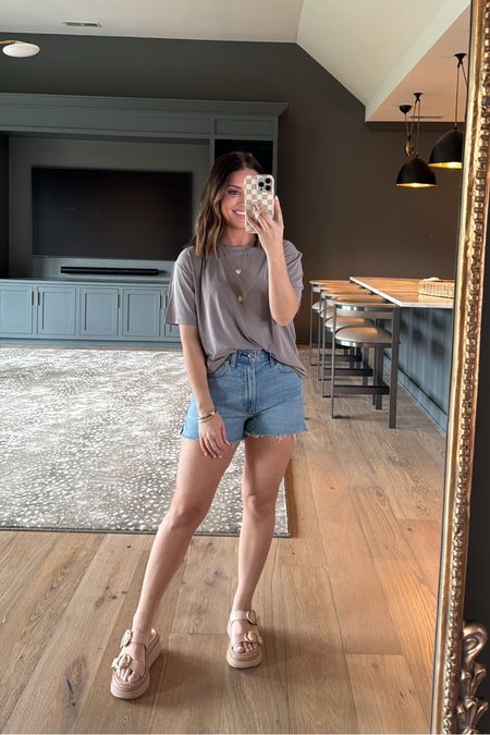 Wearing XS in gray tee and 26 in denim shorts (run true to size- exact wash is light medium). Jean shorts, denim, spring outfit //