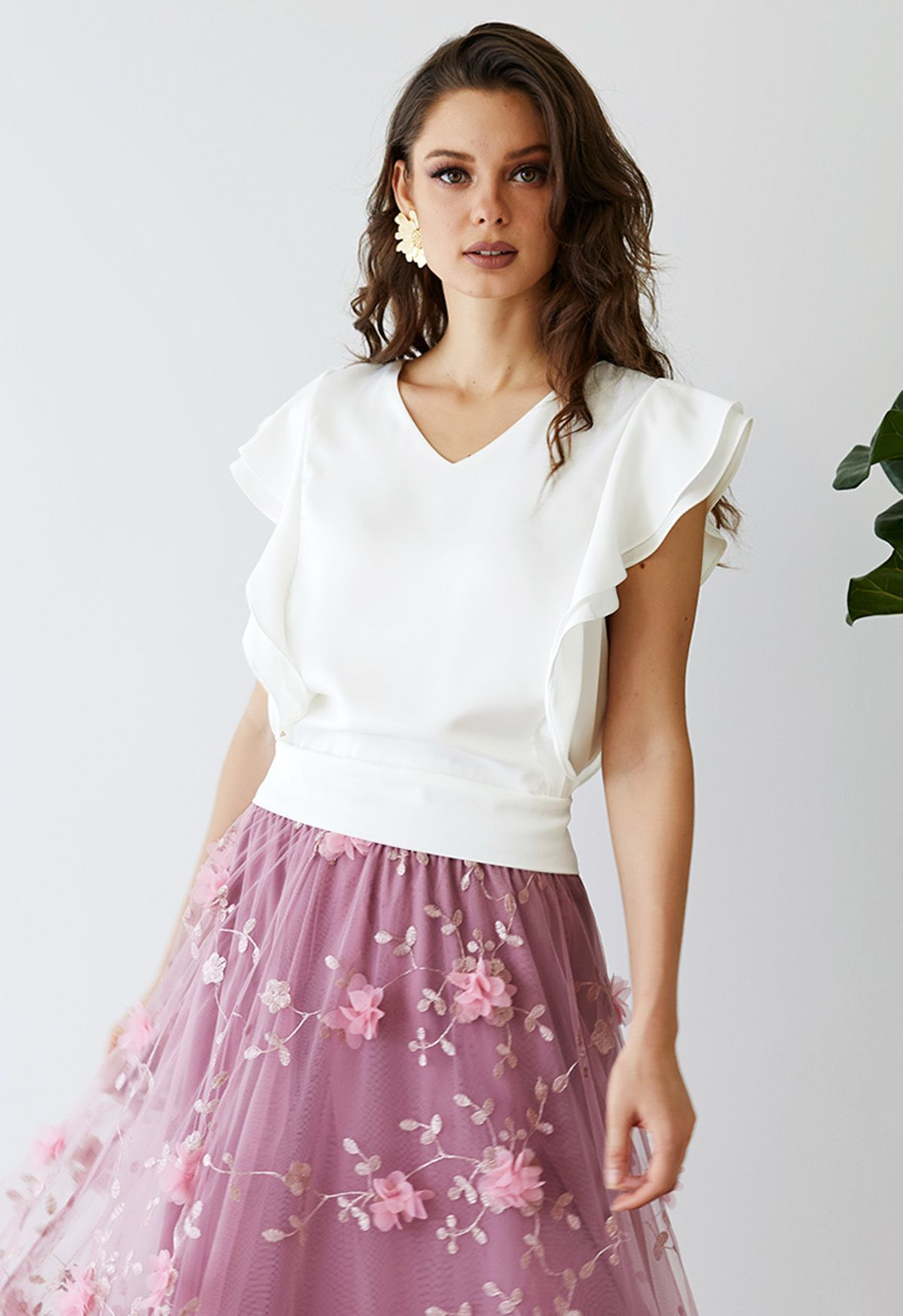 Bowknot Waist Sleeveless Ruffle Top in White | Chicwish