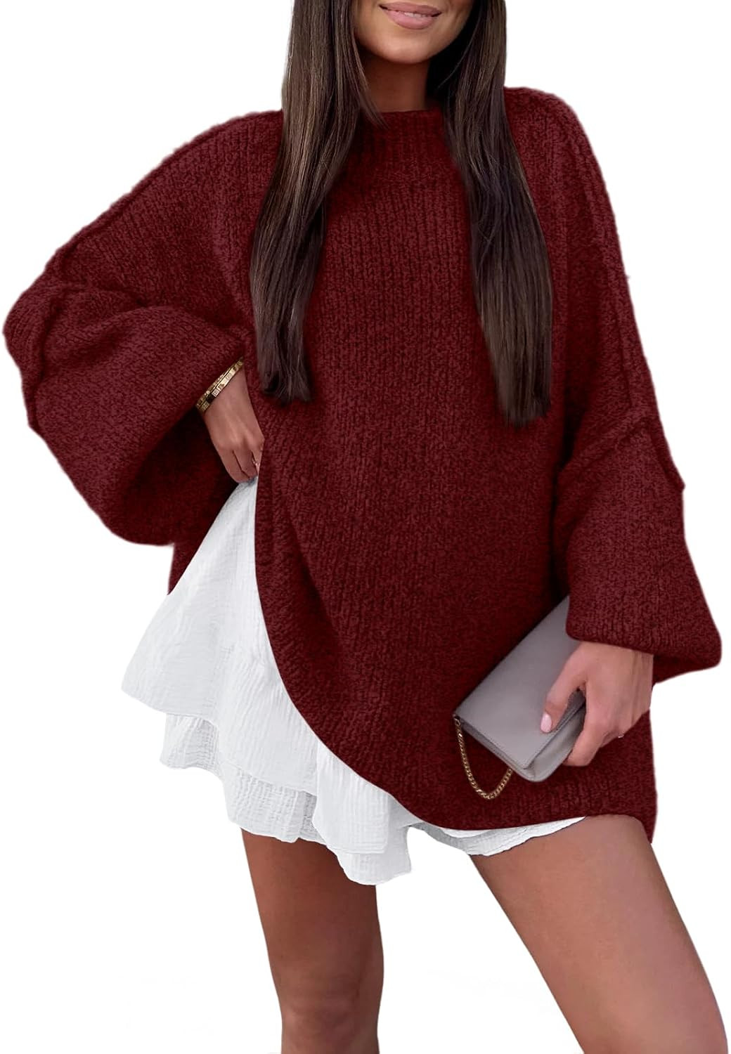 LILLUSORY Womens Oversized Mock Neck Batwing Chunky Fall Sweaters 2026 | Amazon (US)