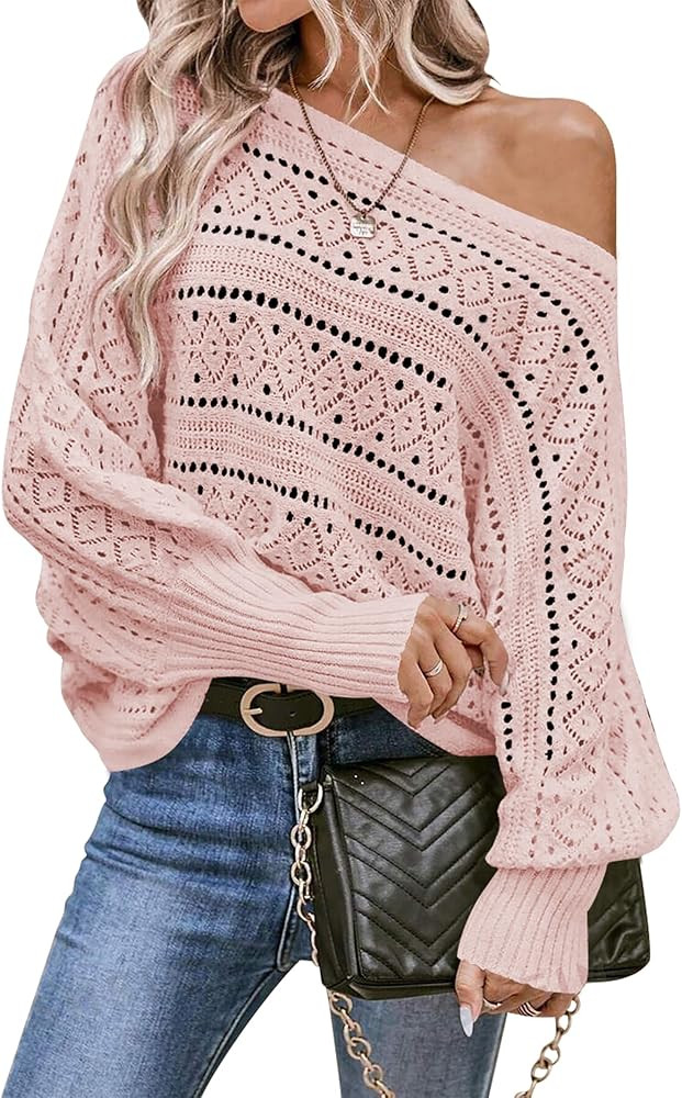 Cakulo Womens Off The Shoulder Sweater Top Fall 2024 Oversized Knit Batwing Long Sleeve Crochet P... | Amazon (US)