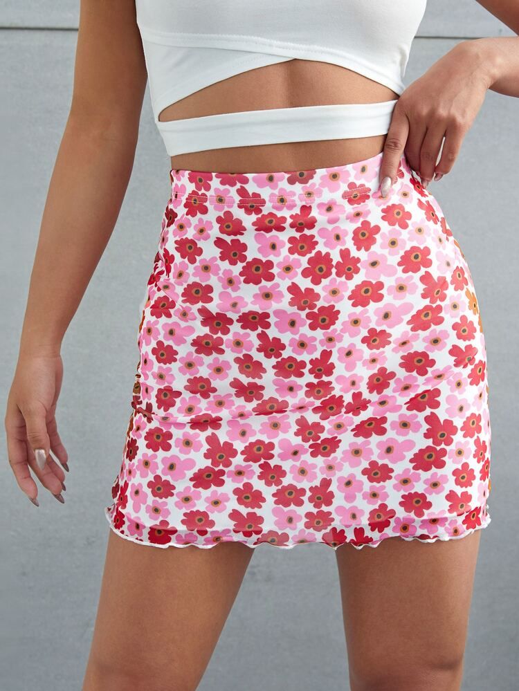 Floral Lettuce Trim Elastic Waist Skirt | SHEIN