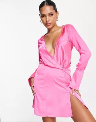 ASOS DESIGN Satin bias cut drape mini dress with button detail in pink | ASOS (Global)