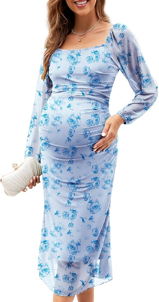 2024 Mesh Ruched Maternity Dress Baby Shower Wedding Guest Pregnancy Shoot Fall Long Sleeves Squa... | Amazon (US)