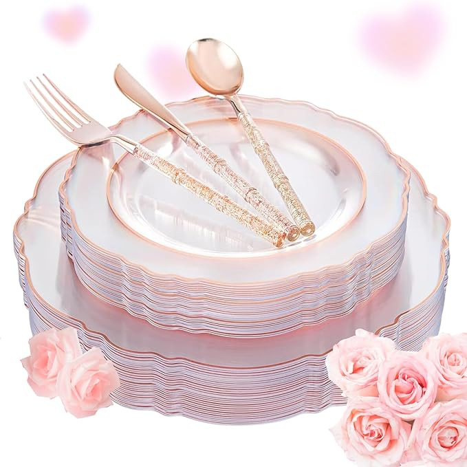 Liacere 150PCS Rose Gold Plastic Plates - Clear Rose Gold Disposable Plates with Glitter Bamboo H... | Amazon (US)