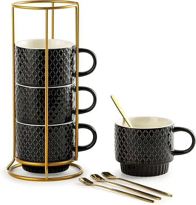 Gomakren Coffee Mugs Set of 4, 13 Ounce Stackable Coffee Mug Set with Stand, Stoneware Coffee Cup... | Amazon (US)
