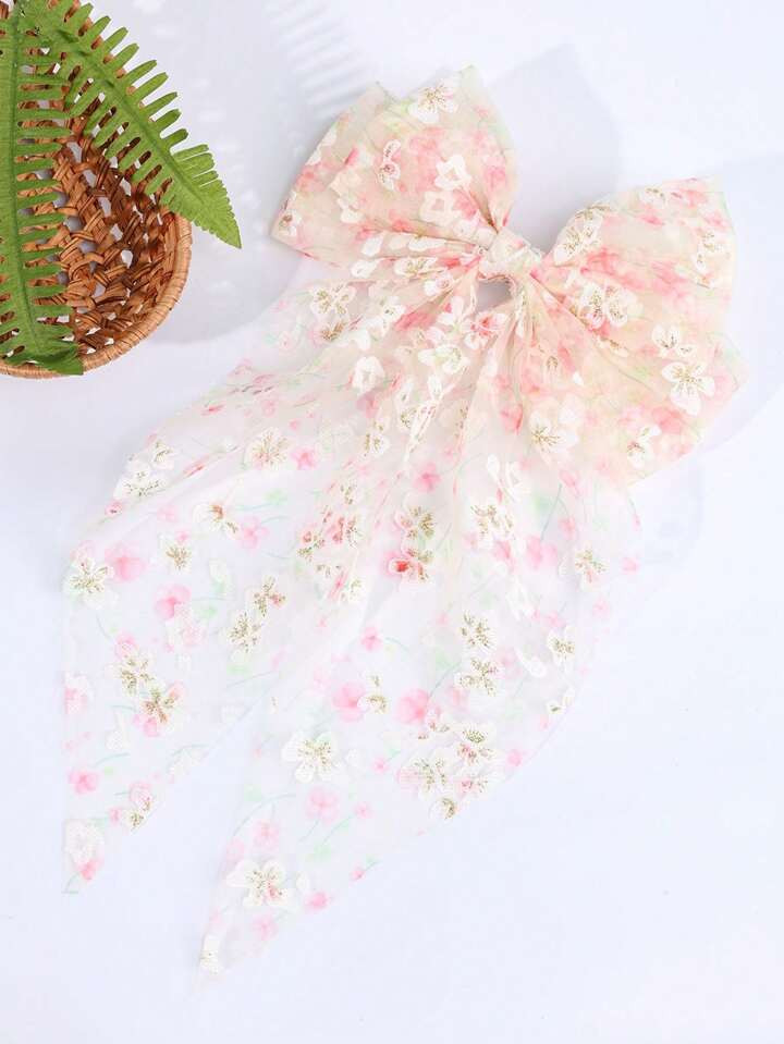 1pc Cute Pink Flower Printed Big Mesh Ribbon Bow Hair Clip Alligator Spring Clip Women's Hair Acc... | SHEIN