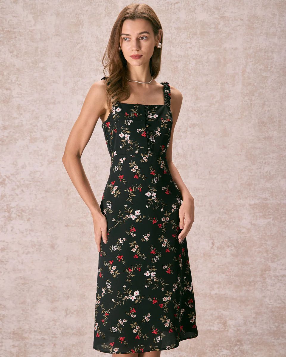 The Black Elasticized Straps Floral Midi Dress & Reviews - Black - Dresses | RIHOAS | rihoas.com