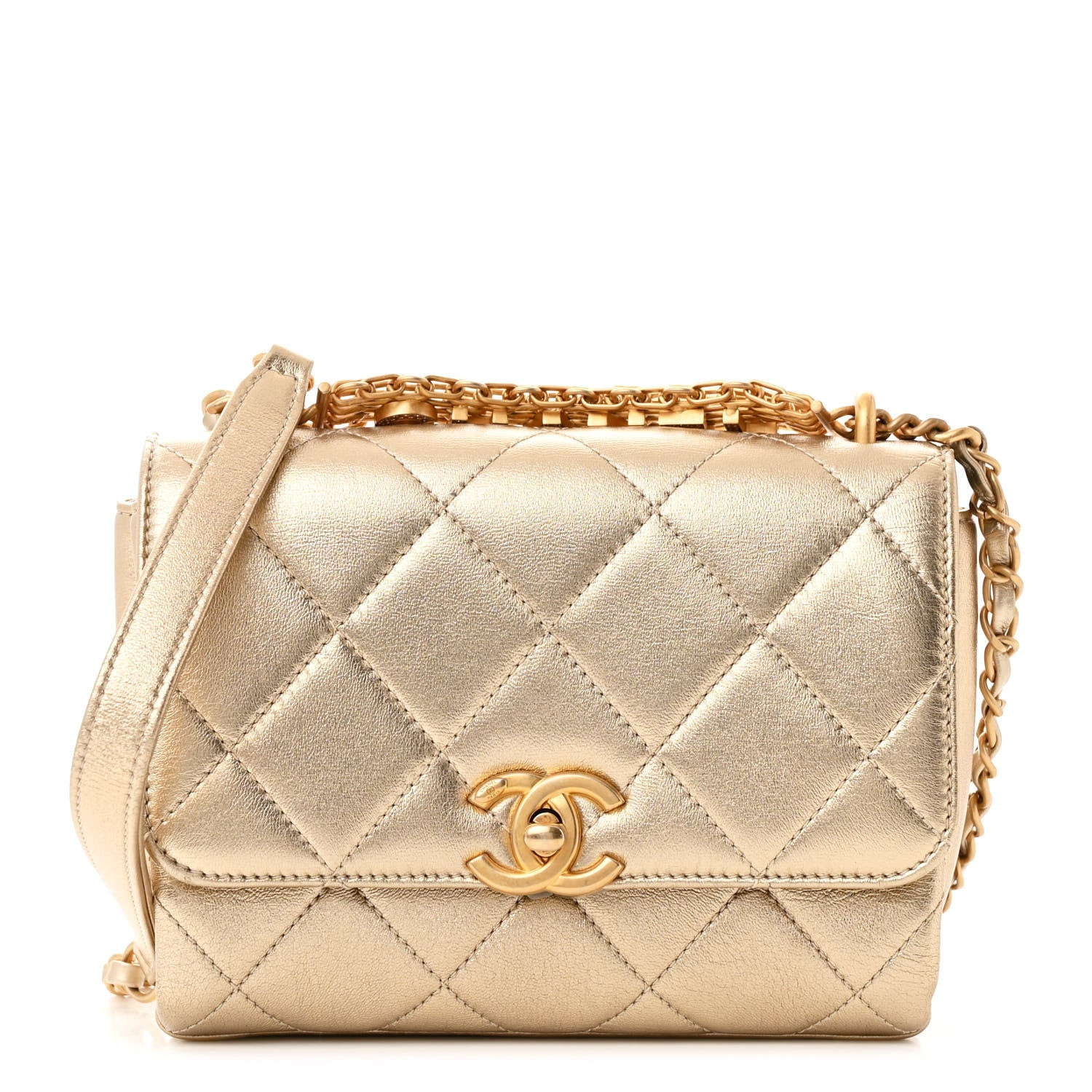 Metallic Lambskin Quilted Mini CC Crystal Logo Chain Flap Gold | FASHIONPHILE (US)