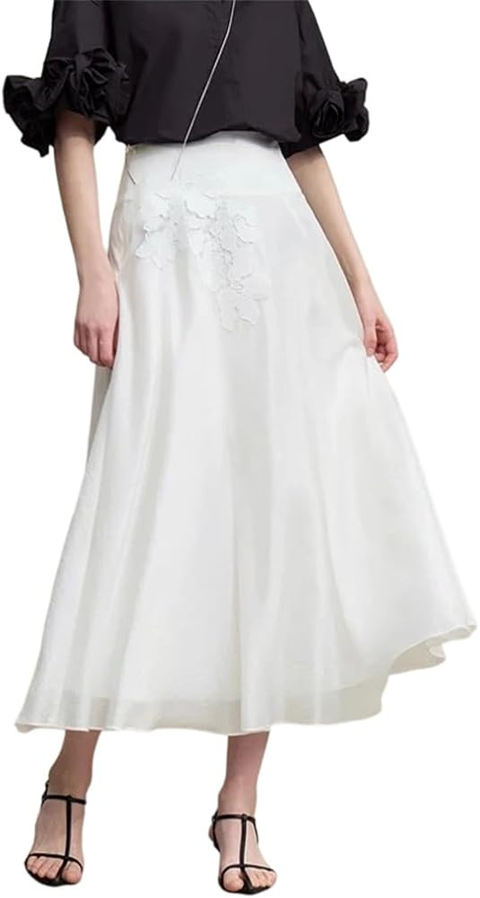Women Lace Midi Skirt Flowy with Floral Applique A-Line Skirt High Waist Lightweight Office Skirt... | Amazon (US)