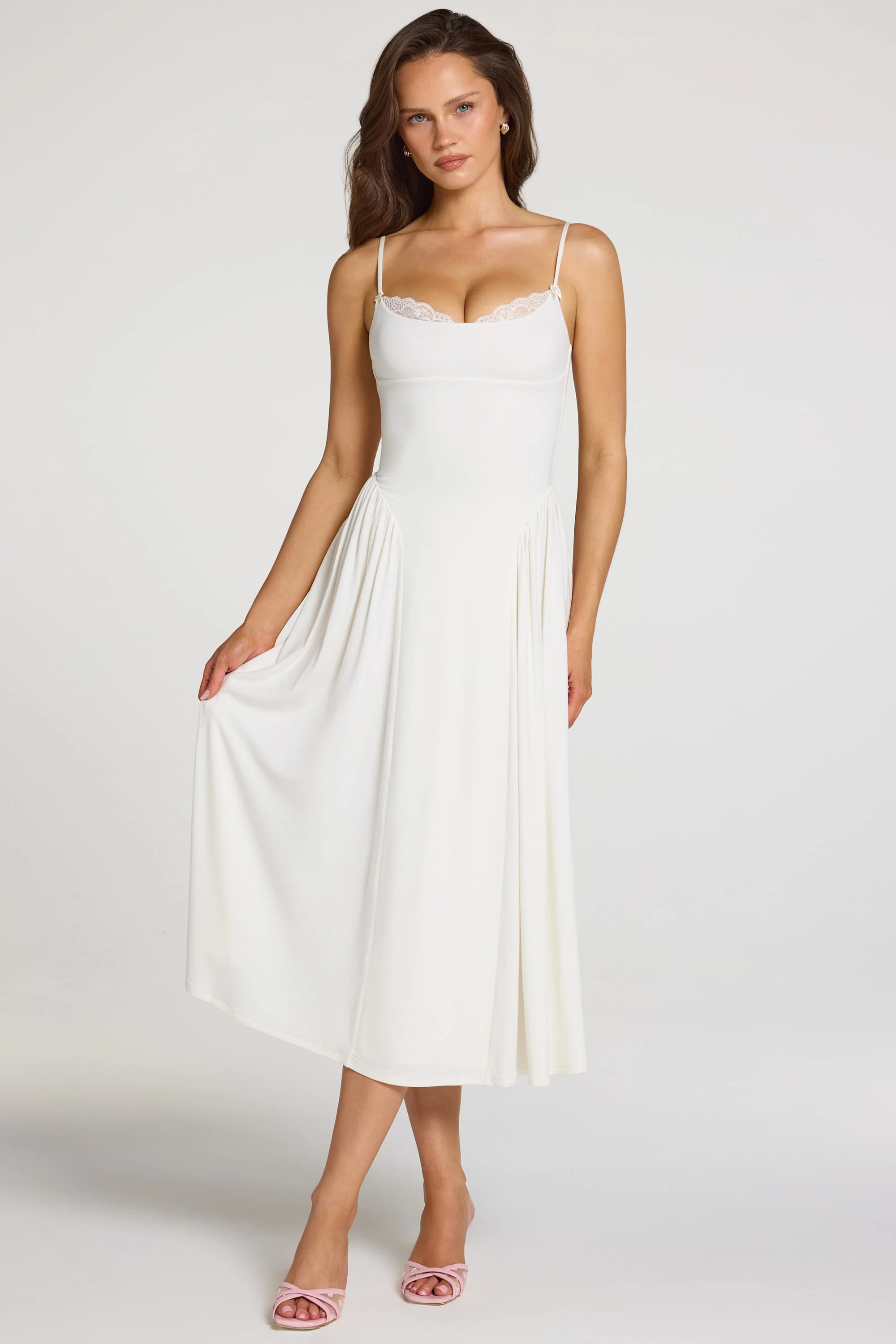 Livia Modal Lace-Trim Midaxi Dress in White | Oh Polly | Oh Polly