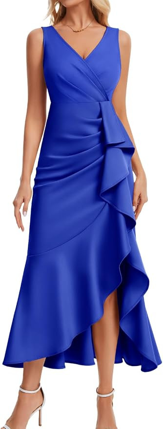DRESSTELLS Womens Cocktail Ruffle Ruched Split Maxi Dresses Formal Wedding Guest Evening Party Dr... | Amazon (UK)