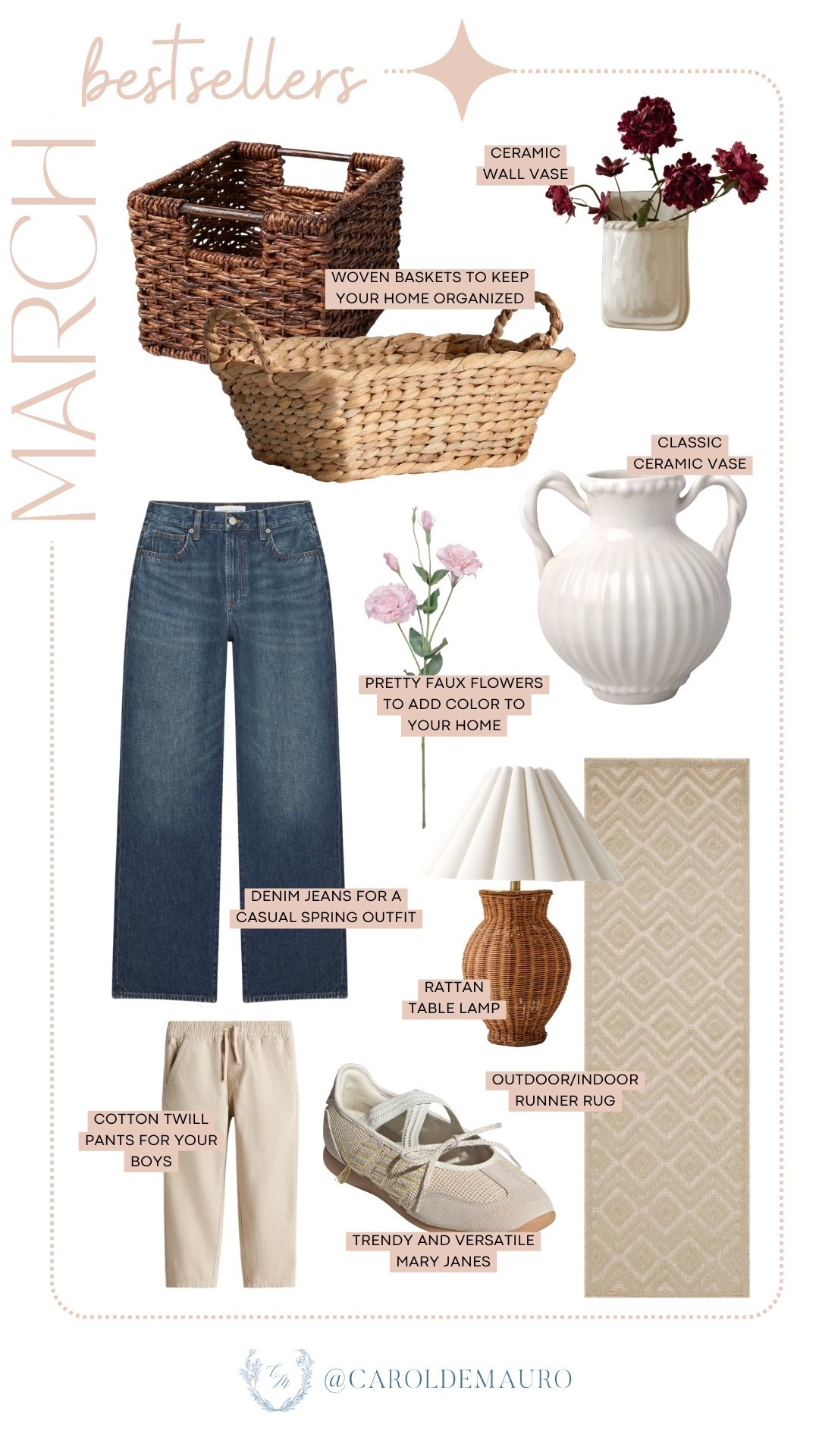 These March bestsellers are totally giving spring vibes. Featuring cozy home finds like woven baskets, ceramic vases, a rattan lamp, a neutral area rug, and a touch of faux flowers to brighten up your space! You can also refresh your wardrobe with denim jeans, Mary Jane sneakers, and cotton twill pants for your little one.

home organization, rattan decor, entryway inspo, living room finds, farmhouse home, casual outfit, fashion trend, toddler style

#LTKSeasonal #LTKU #LTKHome
