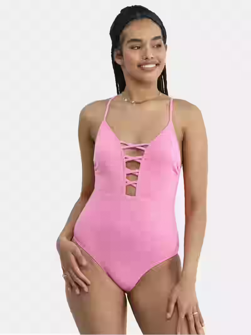 No Boundaries Ribbed Lace Up One-Piece Swimsuit, Women's | Walmart (US)