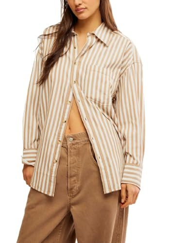 Women's Oversized Button Down Shirts Casual Long Sleeve Blouse Work Striped Tops Brown | Amazon (US)