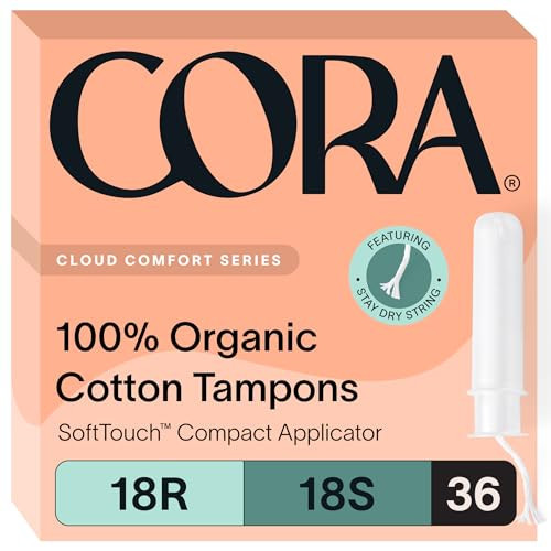 Cora Organic Applicator Tampon Multipack | 18 Regular & 18 Super Absorbency | 100% Organic Cotton, Unscented, BPA-Free Compact Applicator | Leak Protection | Packaging May Vary | 36 Total | Amazon (US)