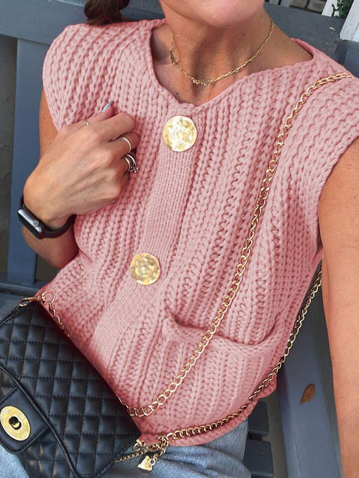 SHEIN Essnce Women's Casual Solid Color Double Pocket Knitted Sweater Vest, Spring & Autumn | SHEIN