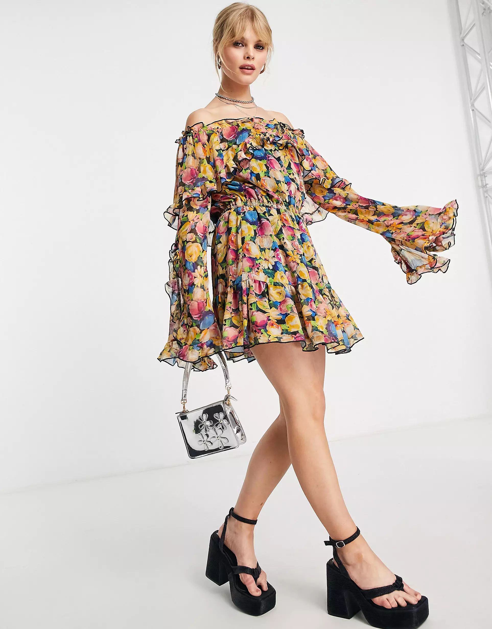 Topshop frill ruffle bardot mini dress in bright floral | ASOS (Global)