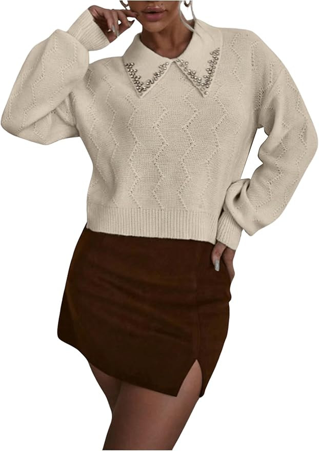 Verdusa Women's Old Money Collared Lantern Sleeve Cropped Sweaters Cable Knit Rhinestone Drop Sho... | Amazon (US)