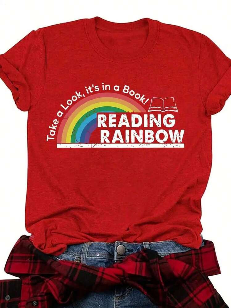 Graphic Tees Women, Reading Rainbow Book Design Print T-Shirt, Y2K, Casual, Teacher Apparel, Book... | SHEIN