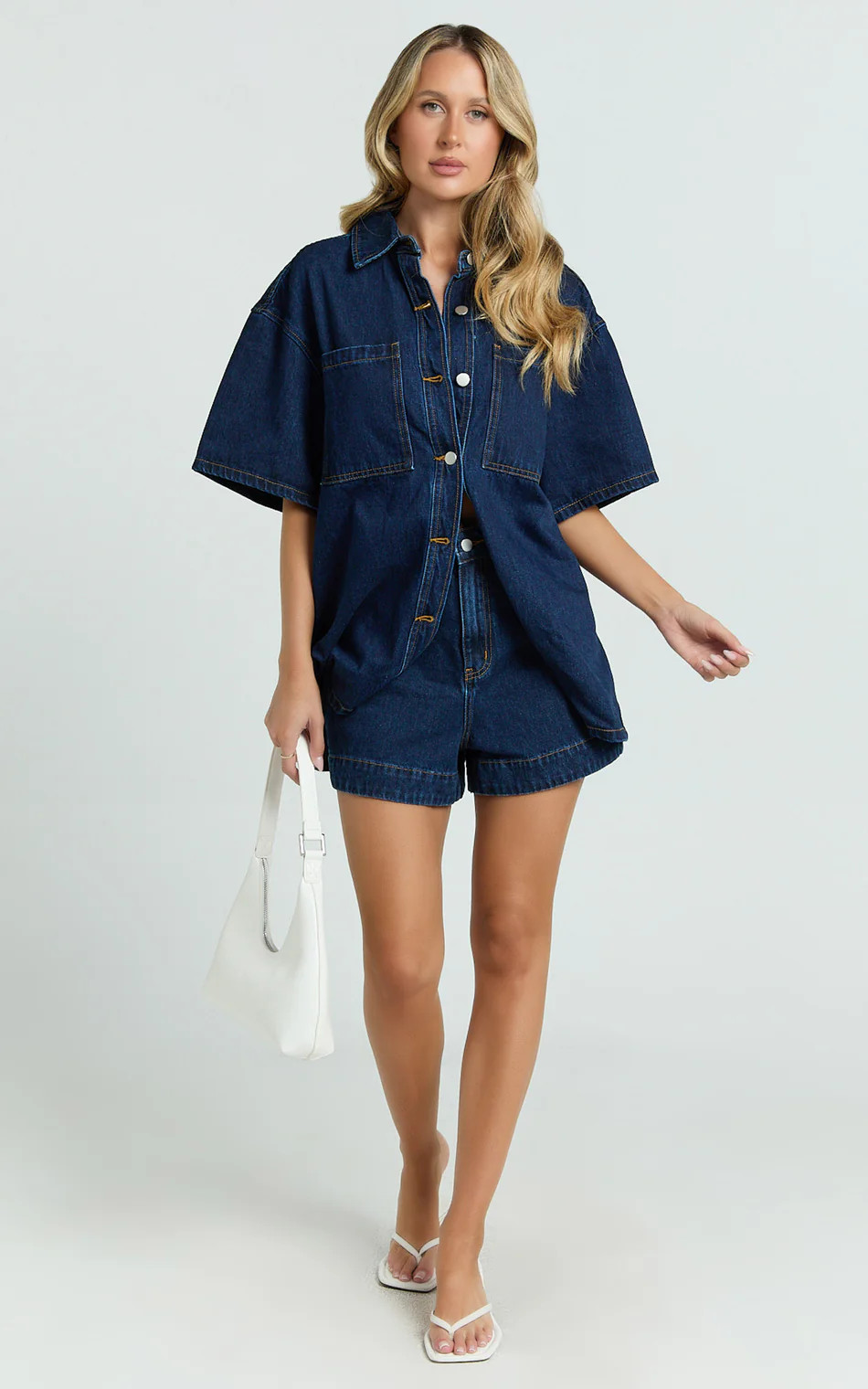 Rhianna Top - Oversized Recycled Denim Short Sleeve Shirt in Indigo Wash | Showpo (US, UK & Europe)