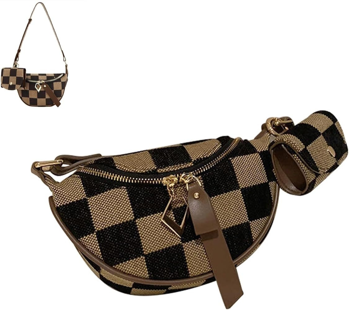 Women's Checked Pattern Fanny Pack with Headphone Bag, Fashion Checkered Fanny Pack | Amazon (US)
