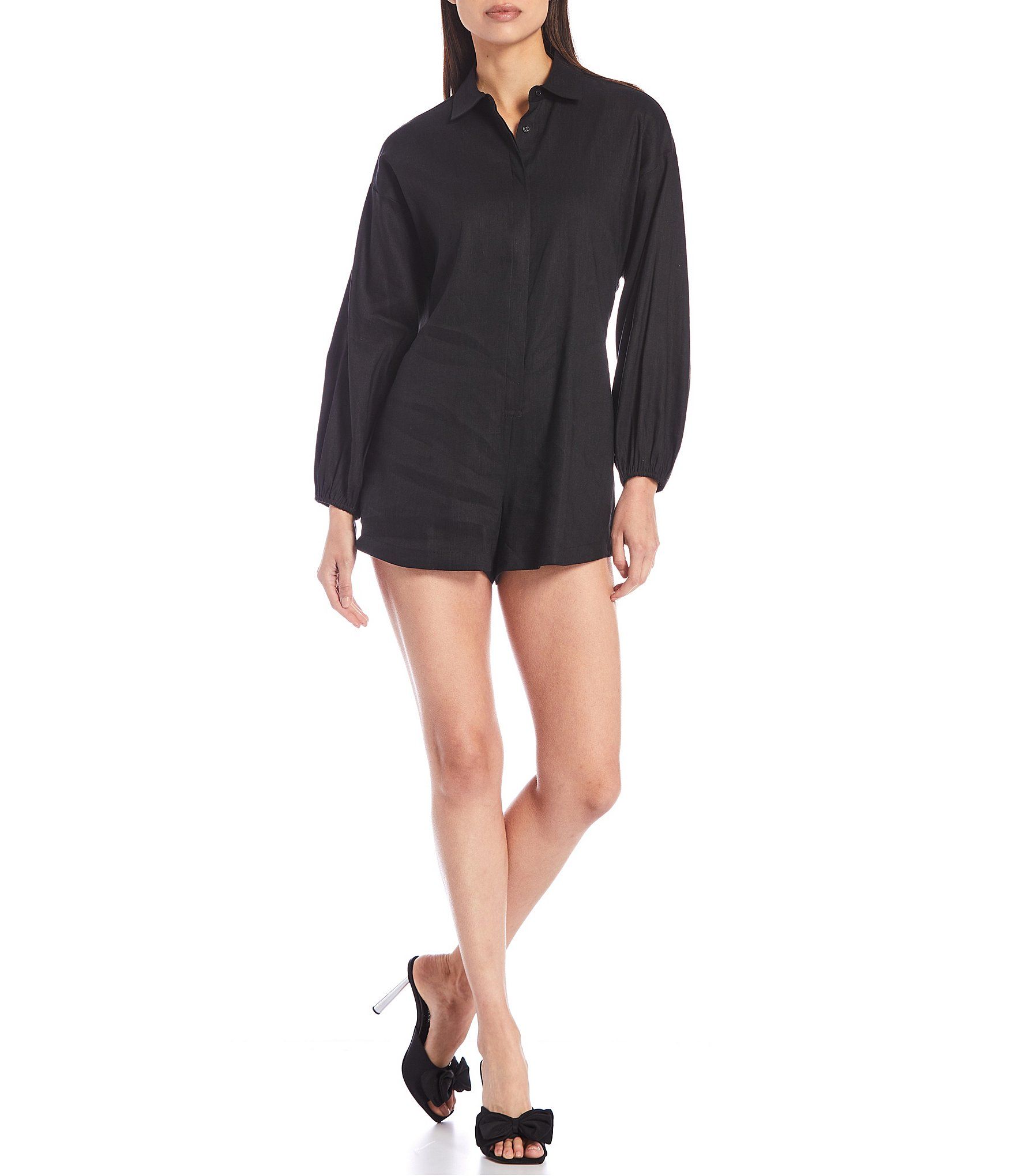 Ashley Button Down Collar Long Balloon Sleeve Short Romper | Dillard's