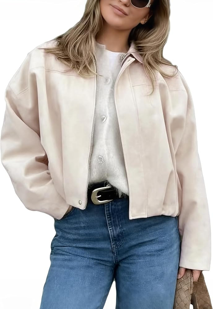 Women's Cropped Suede Bomber Jacket Long Sleeve Zipper Y2k Pilot Outerwear | Amazon (US)