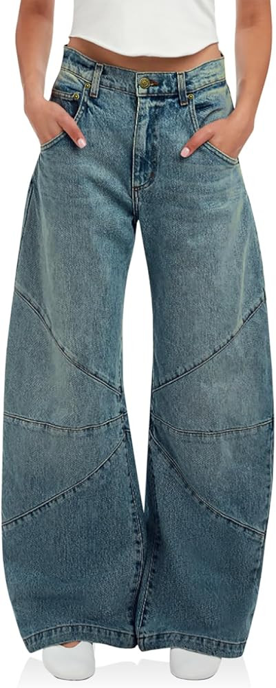PLNOTME Womens High Waisted Barrel Jeans Casual Loose Boyfriend Wid Leg Denim Pants | Amazon (US)