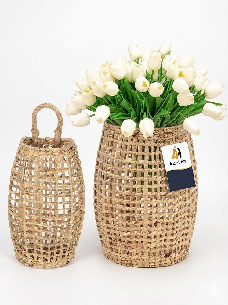 AceList Set of 2 Water Hyacinth Wall Hanging Baskets, Wall Basket Storage for Flowers & Plant, De... | Amazon (US)