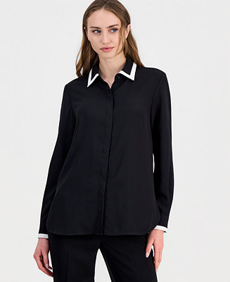 Women's Contrast-Trim Button-Front Blouse | Macy's