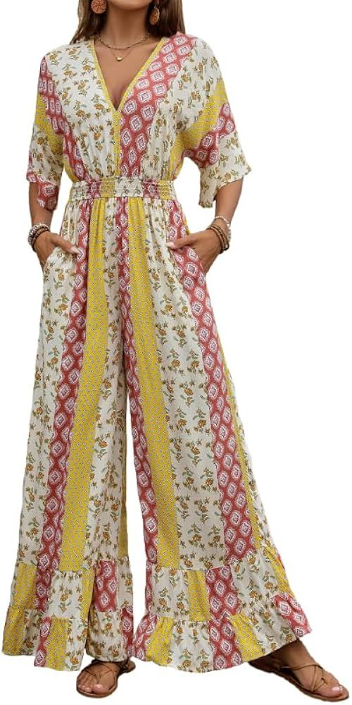 Women's Bohemian Floral Print Jumpsuit, High Waist, Vintage Style, Summer Collection | Amazon (US)