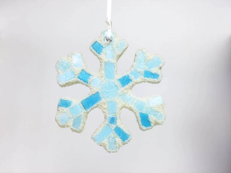 Mosaic Snowflake Ornament Glass Microbeads Light Blue White Snow Winter holiday home decor deck t... | Etsy (Global)