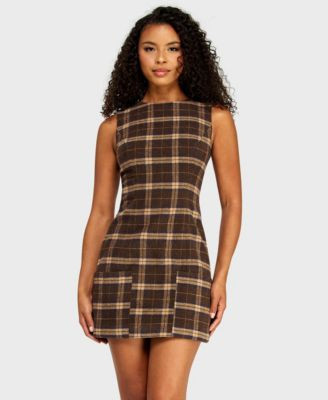 Alex & Sophia Juniors' Plaid Crewneck Tie-Back Mini Dress - Taupe | Macy's