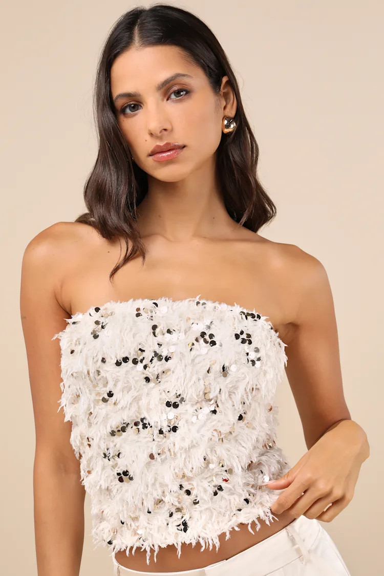 Dazzling Sense Beige and Gold Sequin Fringe Strapless Crop Top | Lulus
