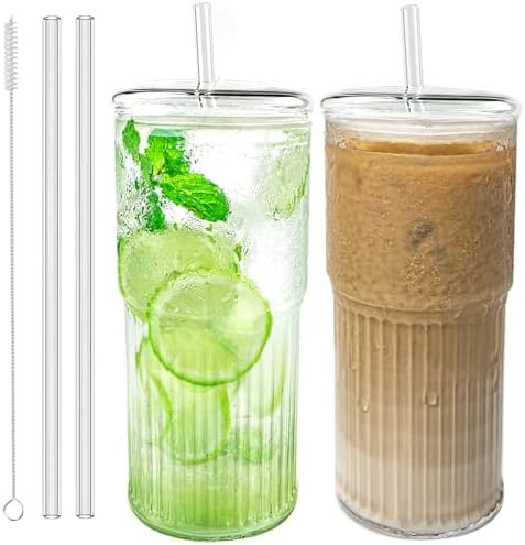 Glass Cups with Lids and Glass Straws, High Borosilicate 20OZ Tumblers (2Pcs) for Coffee, Tea, Ju... | Amazon (US)