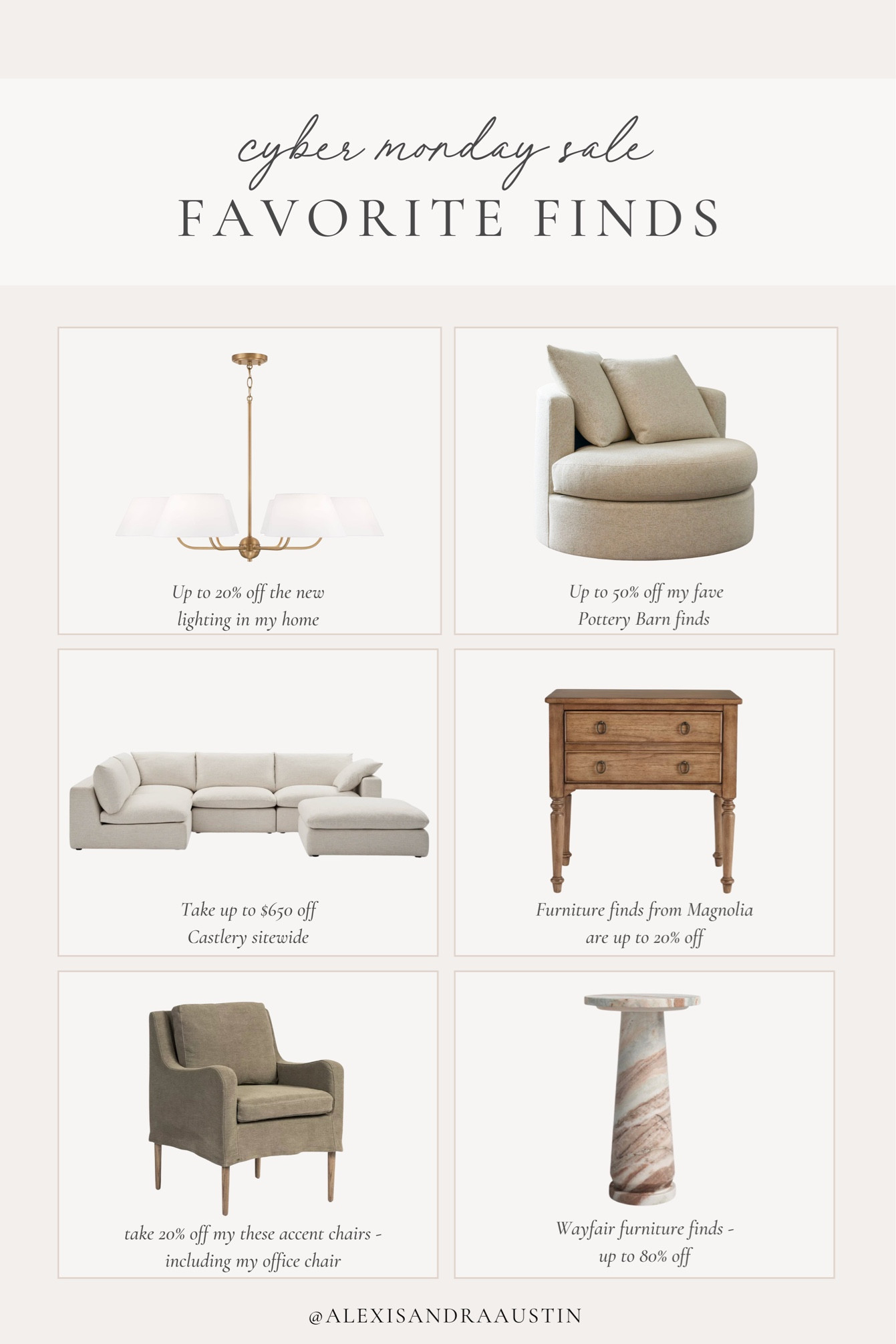 Sharing some of my favorite finds from this year’s Cyber Monday sale!

Cyber Monday, home finds, deal of the day, sale alert, furniture favorites, neutral wood tones, Pottery Barn style, Magnolia, Castlery, lighting detail, swivel chair, accent chair, upholstered bed, nightstand faves, sectional finds, console table, coffee table, neutral home inspo, shop the look!

#LTKCyberWeek #LTKSaleAlert #LTKHome
