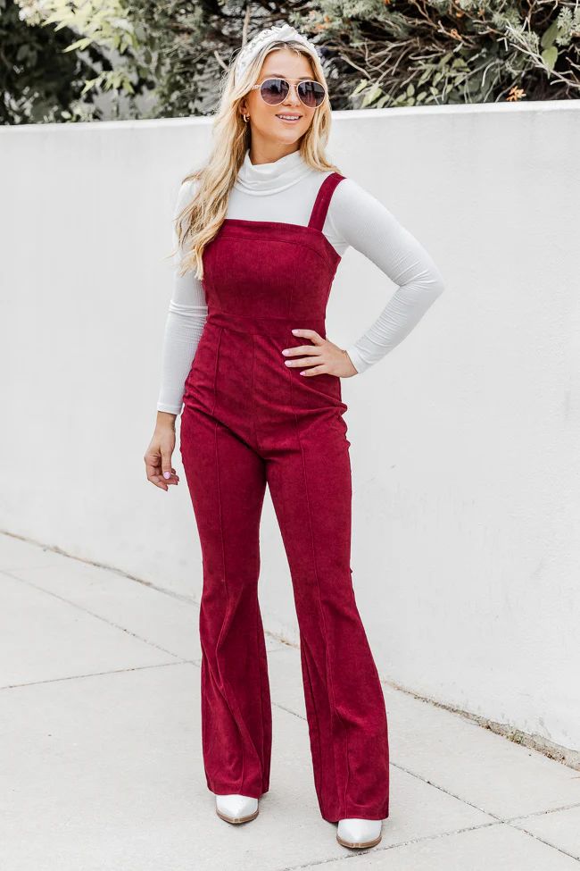 Come On Through Wine Corduroy Flared Overalls | Pink Lily