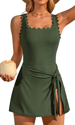 Charmo One Piece Swim Dress Scalloped Square Neck Modest Swimsuits for Women Tummy Control Bathin... | Amazon (US)