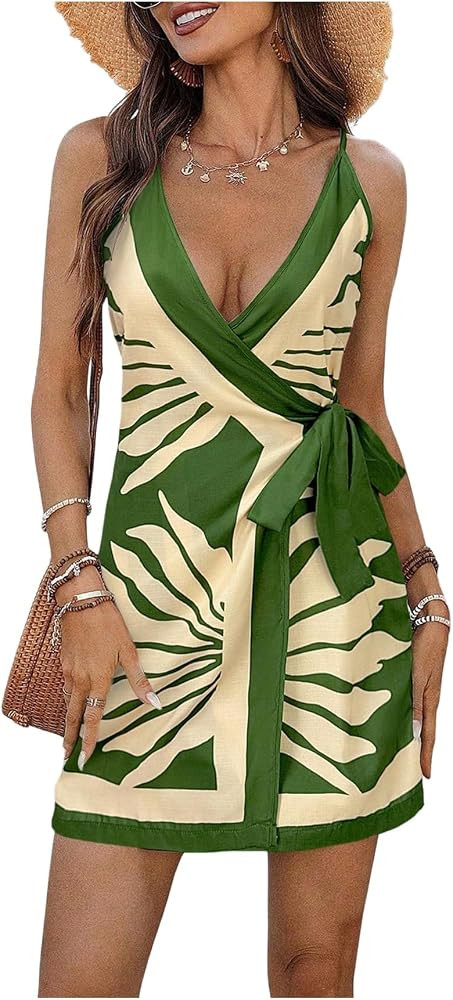 Floerns Women's Floral Print Deep V Neck Cami Dress Wrap Sleeveless Tie Side Summer Mini Dresses | Amazon (US)